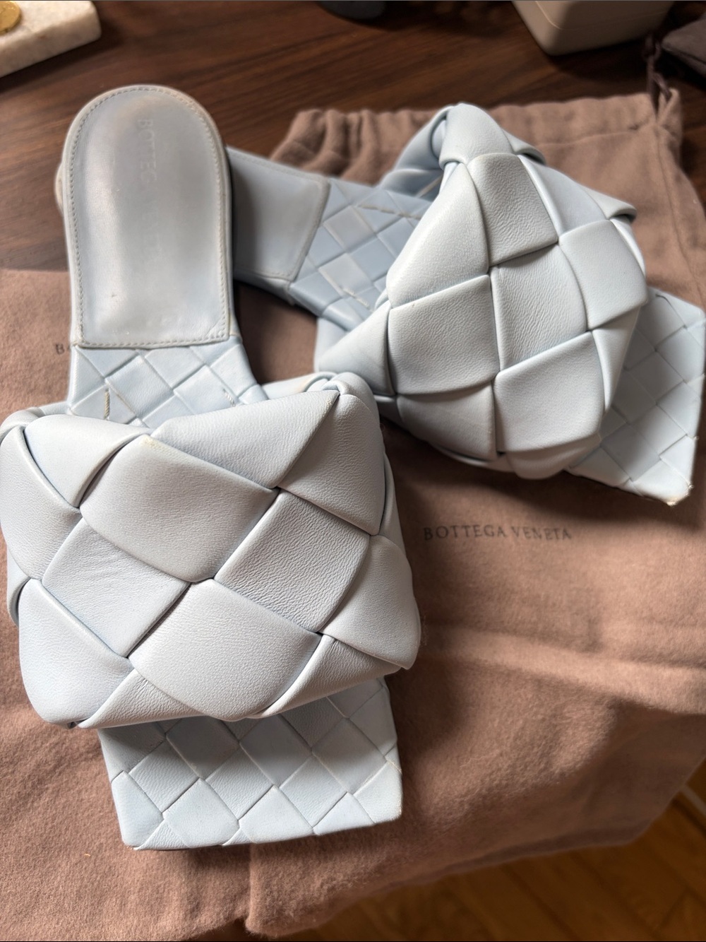 Bottega Veneta Pale Blue Intrecciato Leather Slide Mules